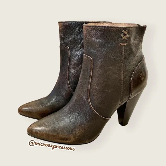 $349 Frye Regina Distressed Brown Real Leather Heeled Southern Ankle Booties - Picture 3 of 7